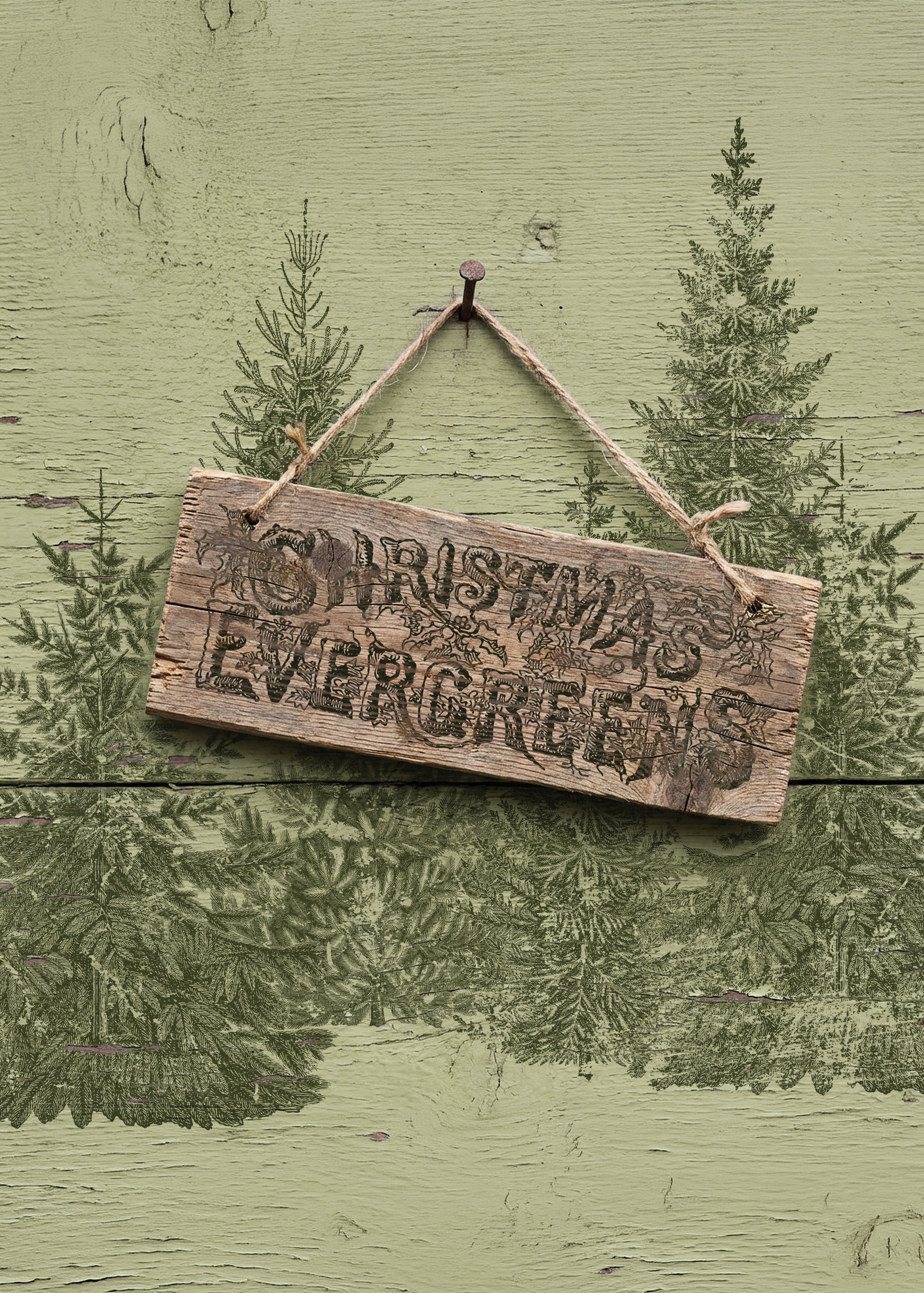 A rustic wooden hanging sign with the words “Christmas Evergreens” stamped onto the front, suspended by twine from a peg against a distressed sage green wall with painted evergreen trees. From Iron Orchid Designs.