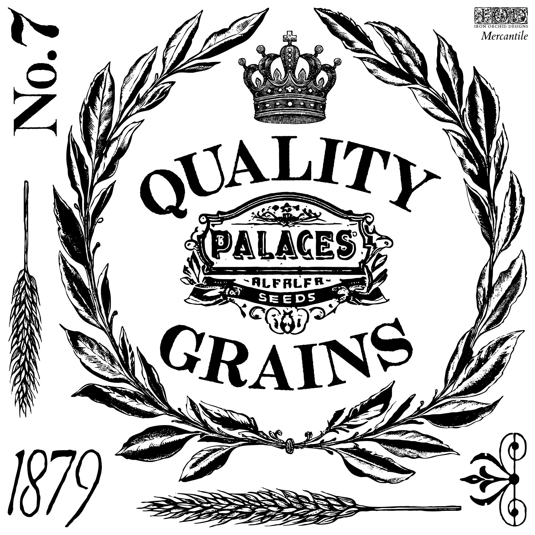 Black on white rustic images showing typography, a sign, a date, wheat and a wreath from Iron Orchid Designs Mercantile stamp