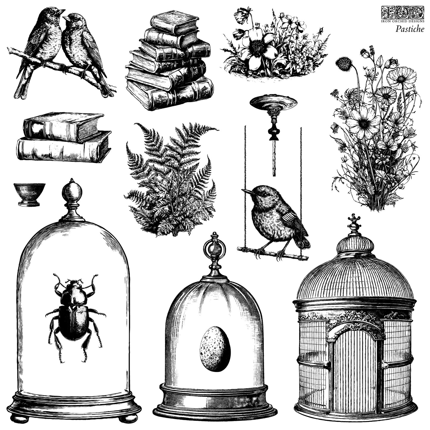 A collection of decorative stamps featuring images of birds, flowers, feathers, bird cages, and other elements, intended for use in arts and crafts by Iron Orchid Designs