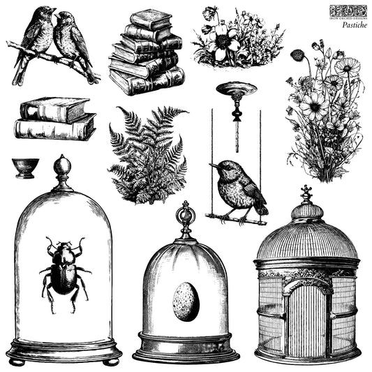 A collection of decorative stamps featuring images of birds, flowers, feathers, bird cages, and other elements, intended for use in arts and crafts by Iron Orchid Designs