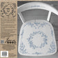 A cardboard packet with instructions on how to use Iron Orchid Designs stamps alongside an image of a white wooden chair stamped with the Brambles and Berries stamp