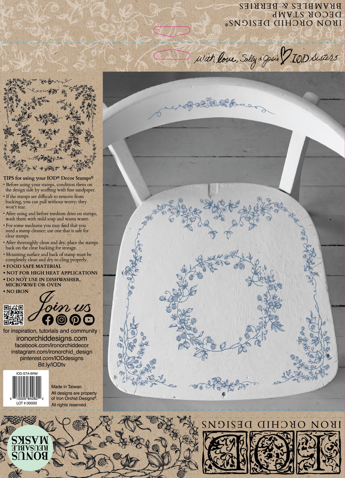 A cardboard packet with instructions on how to use Iron Orchid Designs stamps alongside an image of a white wooden chair stamped with the Brambles and Berries stamp
