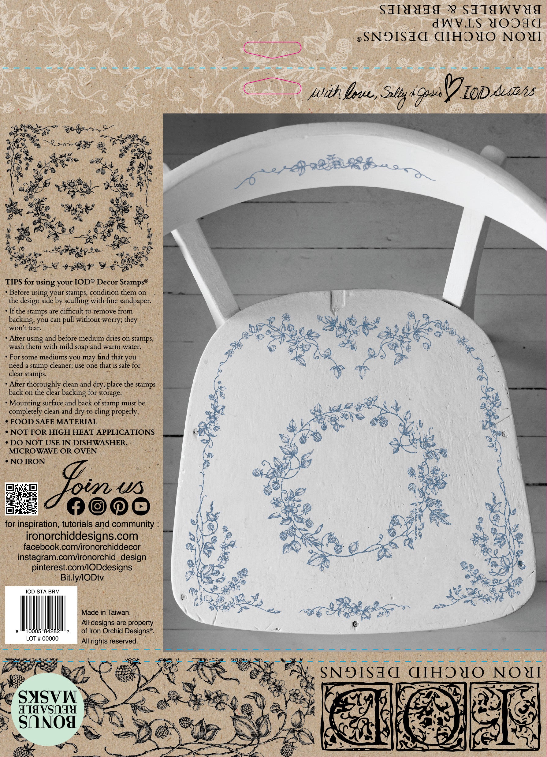 A cardboard packet with instructions on how to use Iron Orchid Designs stamps alongside an image of a white wooden chair stamped with the Brambles and Berries stamp