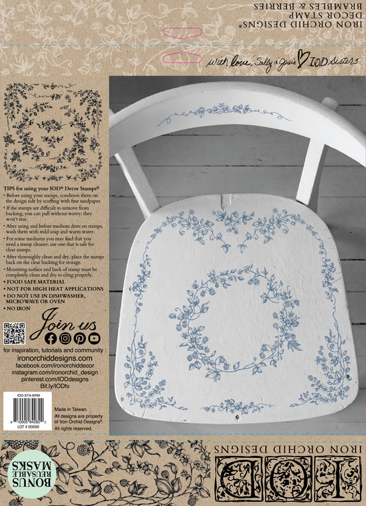 A cardboard packet with instructions on how to use Iron Orchid Designs stamps alongside an image of a white wooden chair stamped with the Brambles and Berries stamp