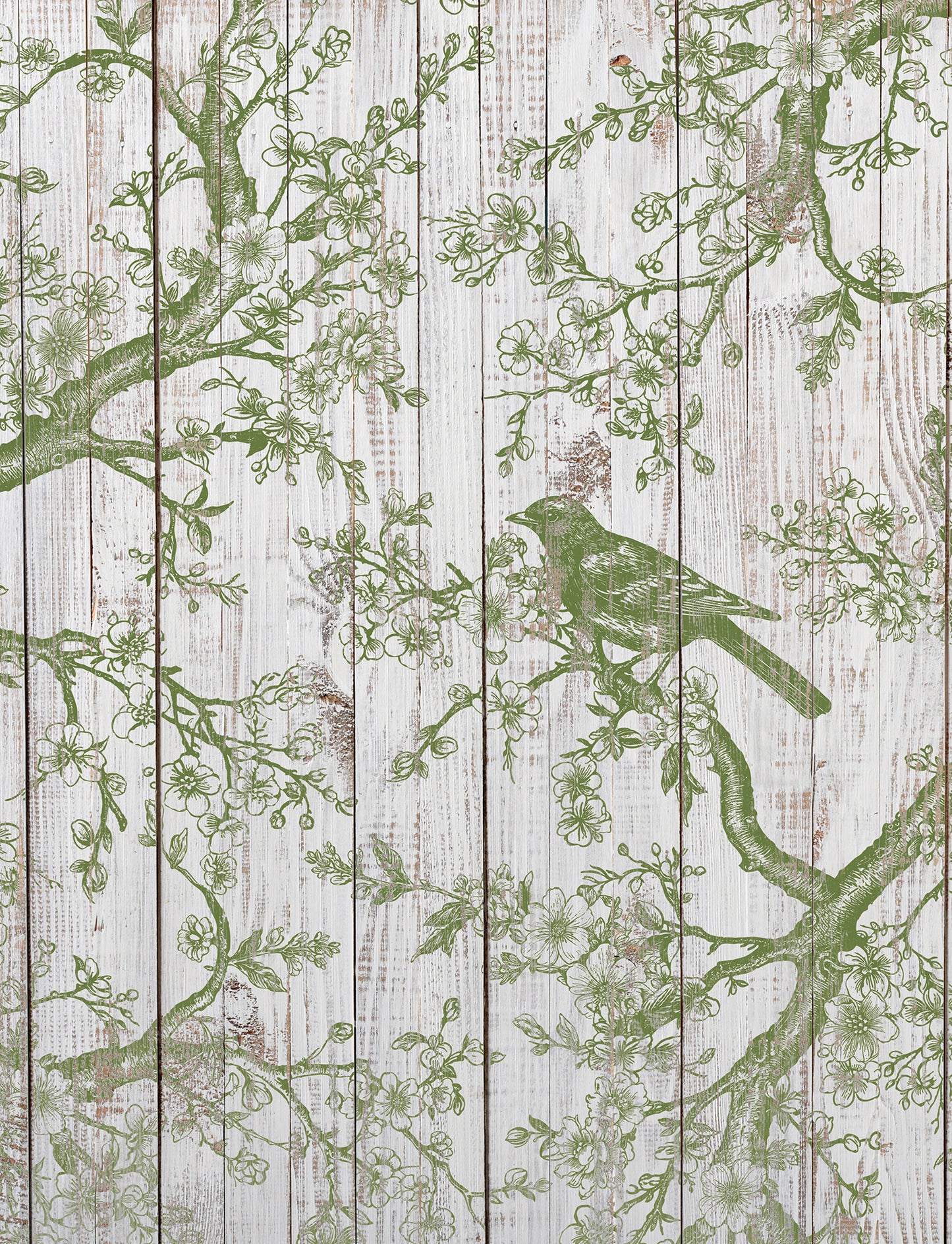 A green on white image of a bird sitting on a branch surrounded by leaves, twigs and branches from iron Orchid Designs Shade and Song Stamp