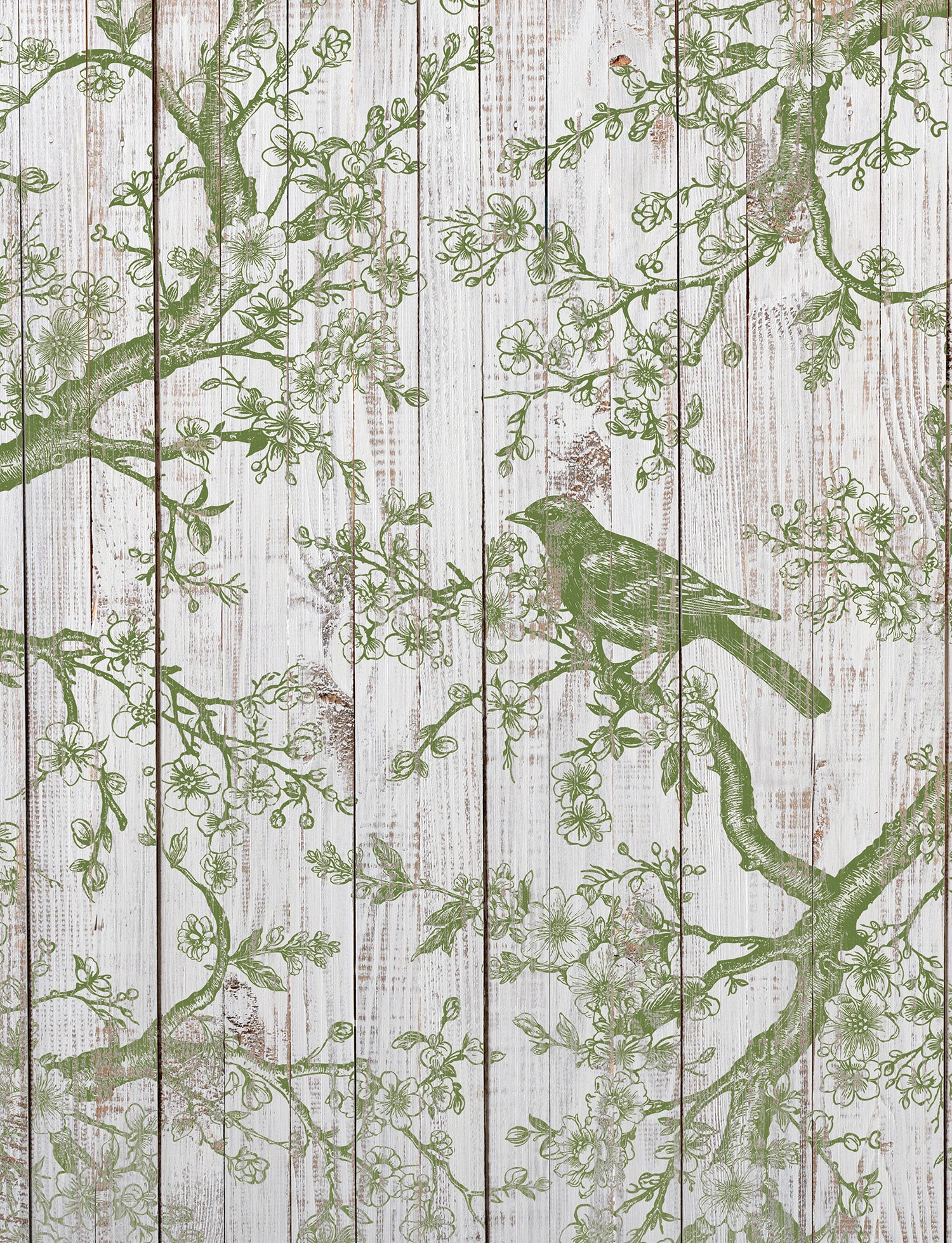 A green on white image of a bird sitting on a branch surrounded by leaves, twigs and branches from iron Orchid Designs Shade and Song Stamp