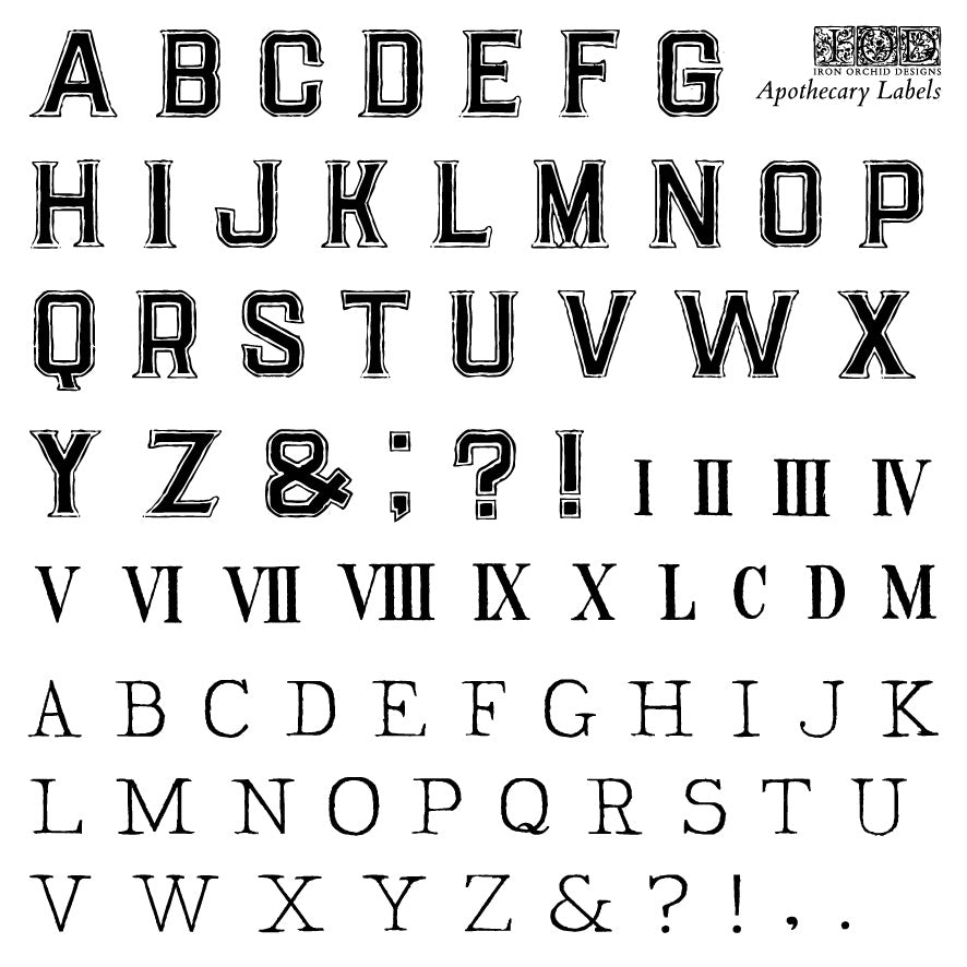 Black on white images of capitalised letters and Roman numerals from Iron Orchid Designs Apothecary Labels Stamp used for embellishments and design