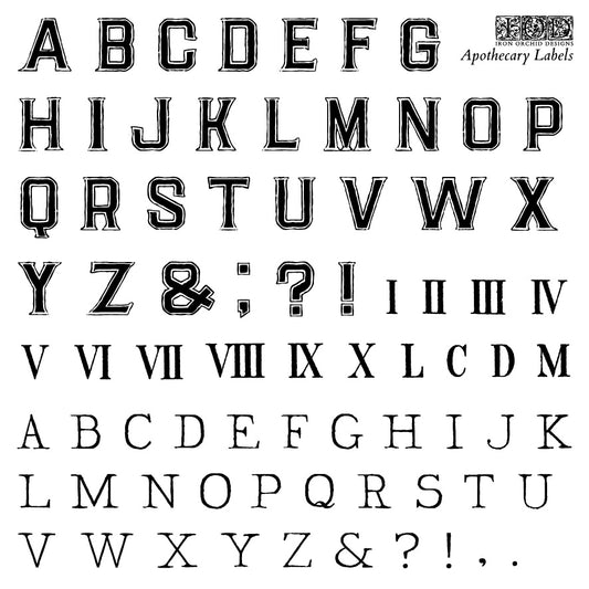 Black on white images of capitalised letters and Roman numerals from Iron Orchid Designs Apothecary Labels Stamp used for embellishments and design
