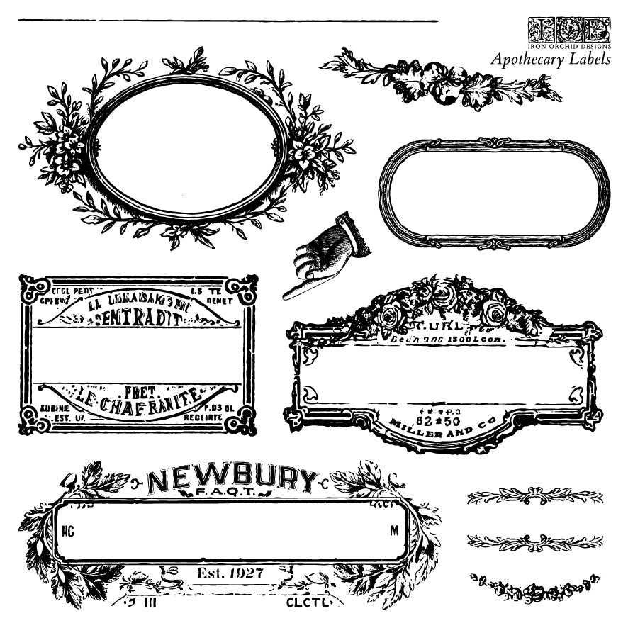 Black on white images of five vintage labels, four swags and a pointing finger from Iron Orchid Designs Apothecary Labels Stamp used for embellishments and design