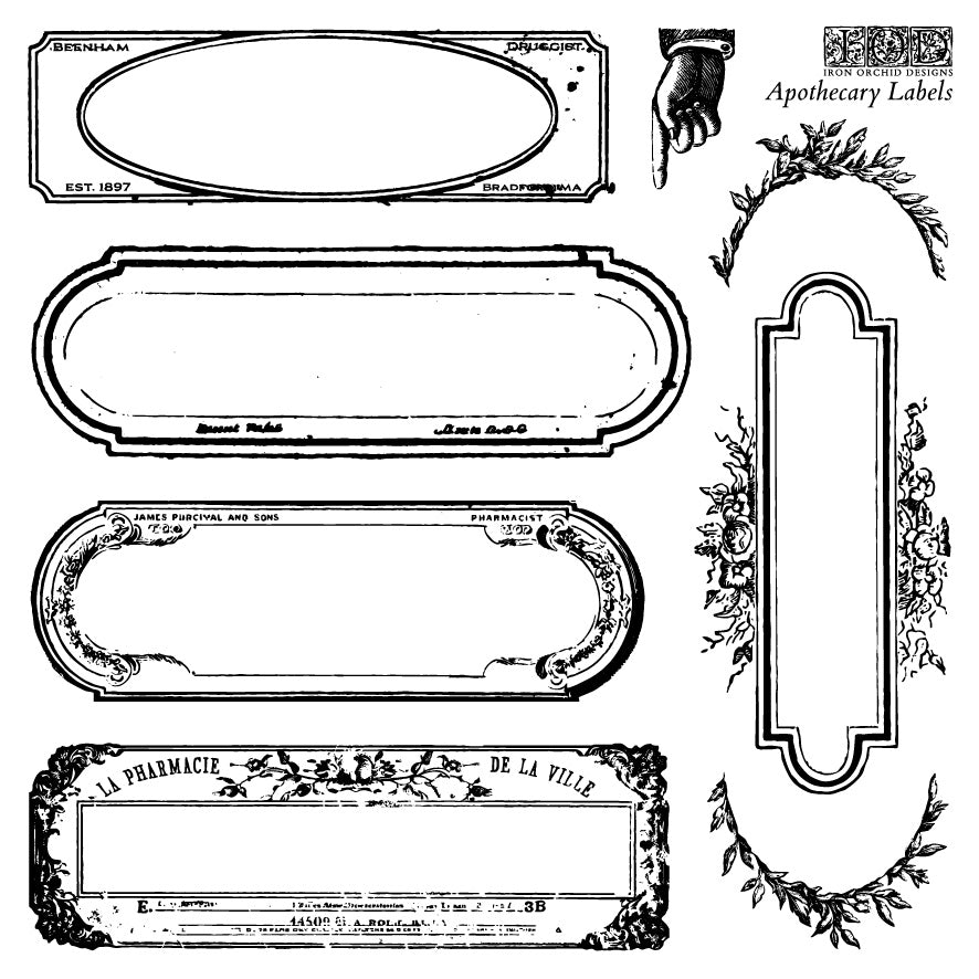 Black on white images of five labels and two swags from Iron Orchid Designs Apothecary Labels stamp used for embellishments and design