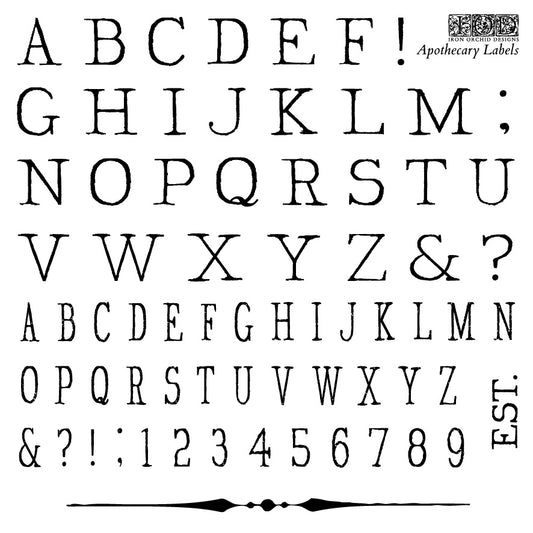 A set of Iron Orchid Designs apothecary labels mini stamps, featuring sheets with letters and numbers for crafting and embellishment.