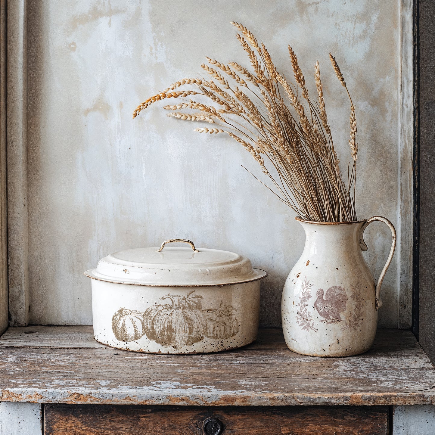 Decorative stamped ceramic pot with lid and jug with wheat on a wooden shelf against a textured wall.