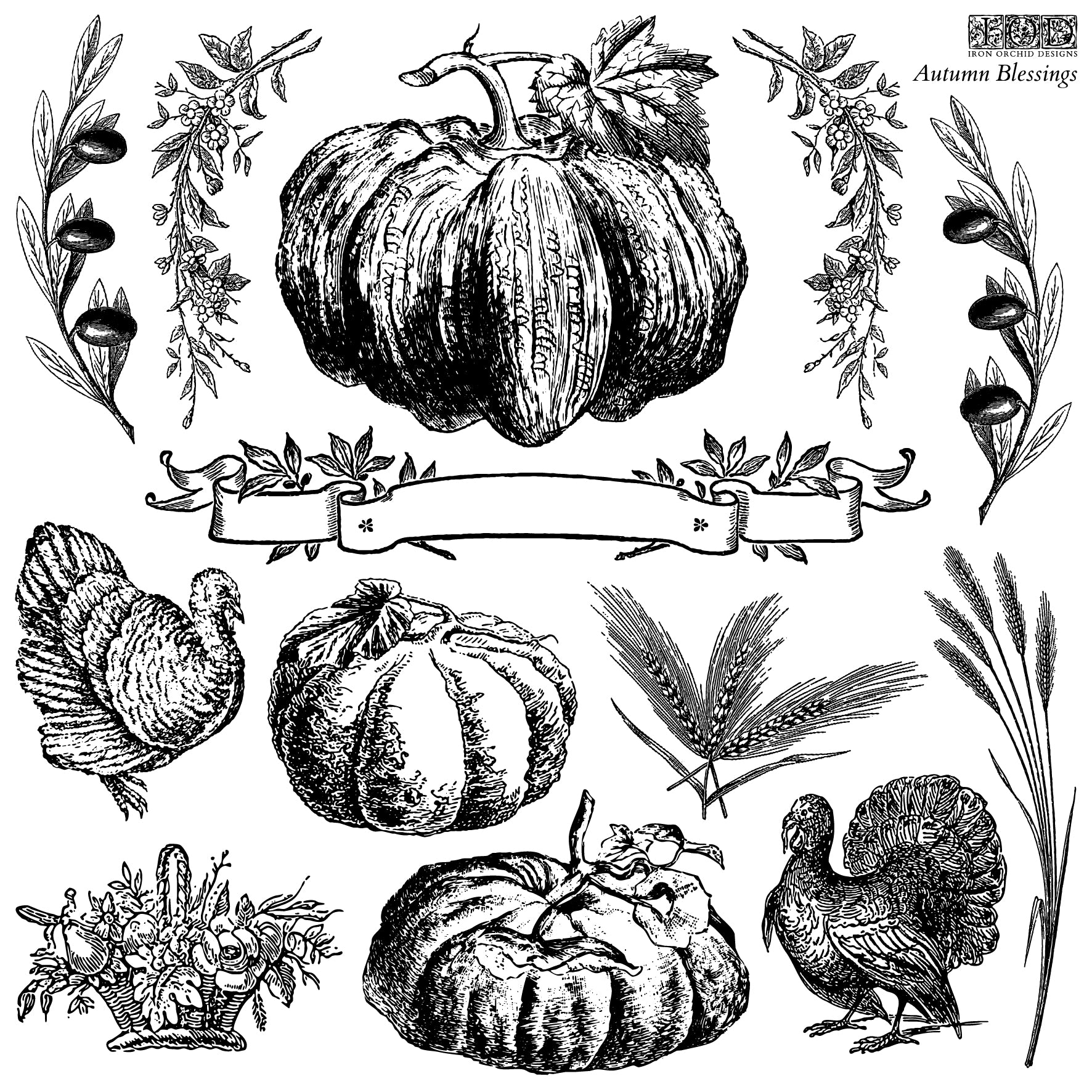 Vintage-style stamps of pumpkins, turkeys, and autumn elements on a white background.