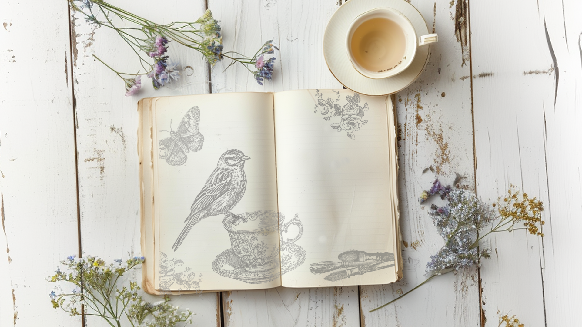 An open book stamped with a bird, butterfly and cup from Iron Orchid Designs Charlotte stamp. the vintage styled book is standing on a white planked surface next to real foliage and a cup of tea