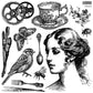 A collection of 12 different stamps from the Iron Orchid Designs - Charlotte Decor Stamp set, featuring a variety of vintage-inspired designs including a portrait of a woman, birds, a cup of tea, and other decorative elements.