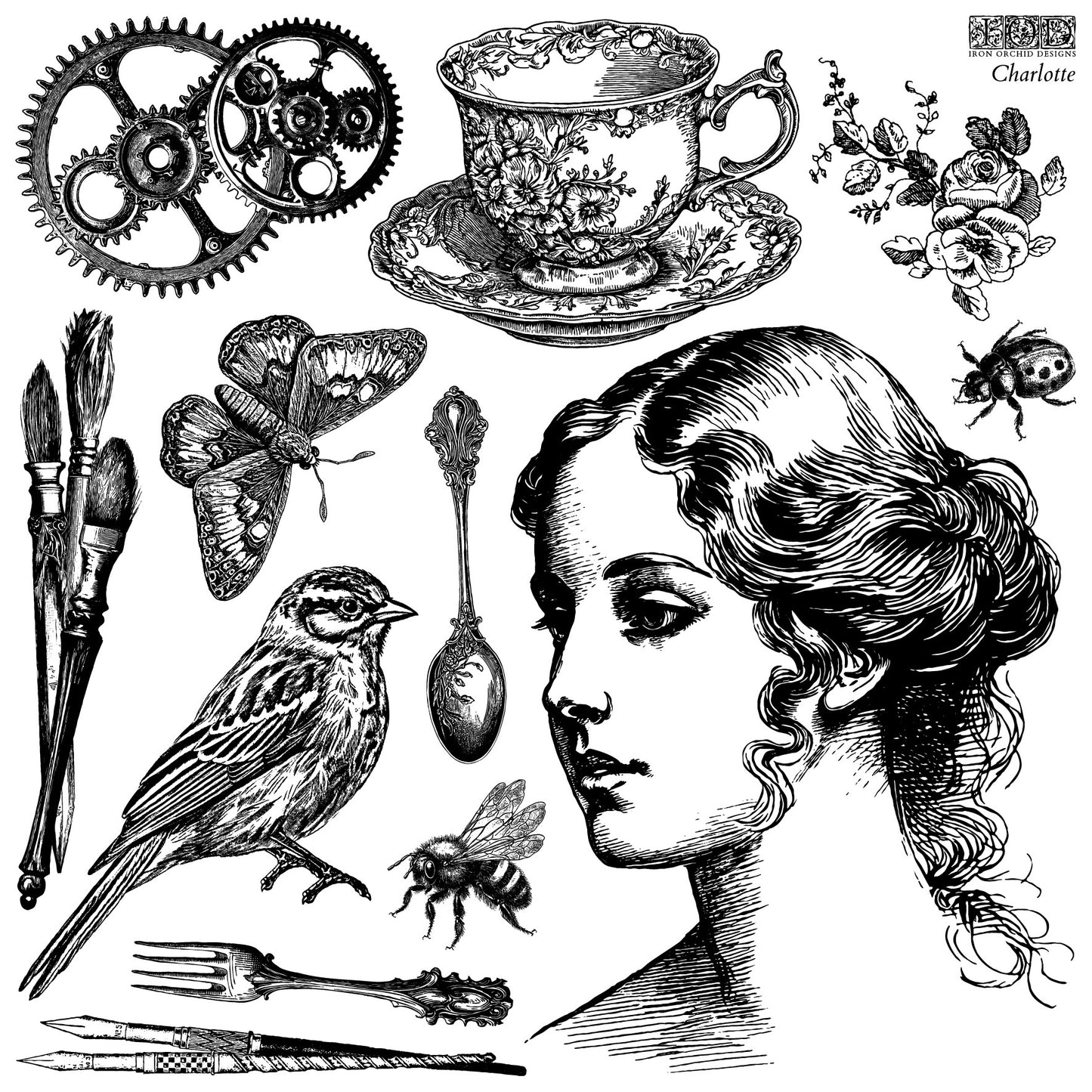 A collection of 12 different stamps from the Iron Orchid Designs - Charlotte Decor Stamp set, featuring a variety of vintage-inspired designs including a portrait of a woman, birds, a cup of tea, and other decorative elements.
