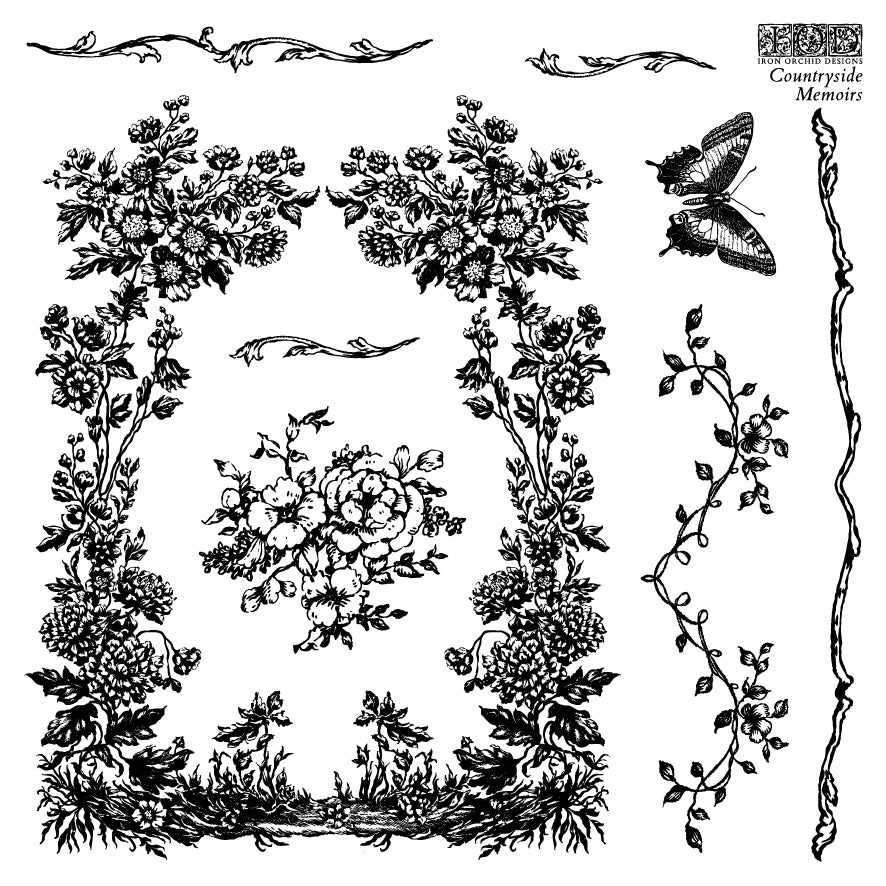 Black on white image showing a floral frame, leaves and a butterfly from iron Orchid Designs Countryside memoirs stamp