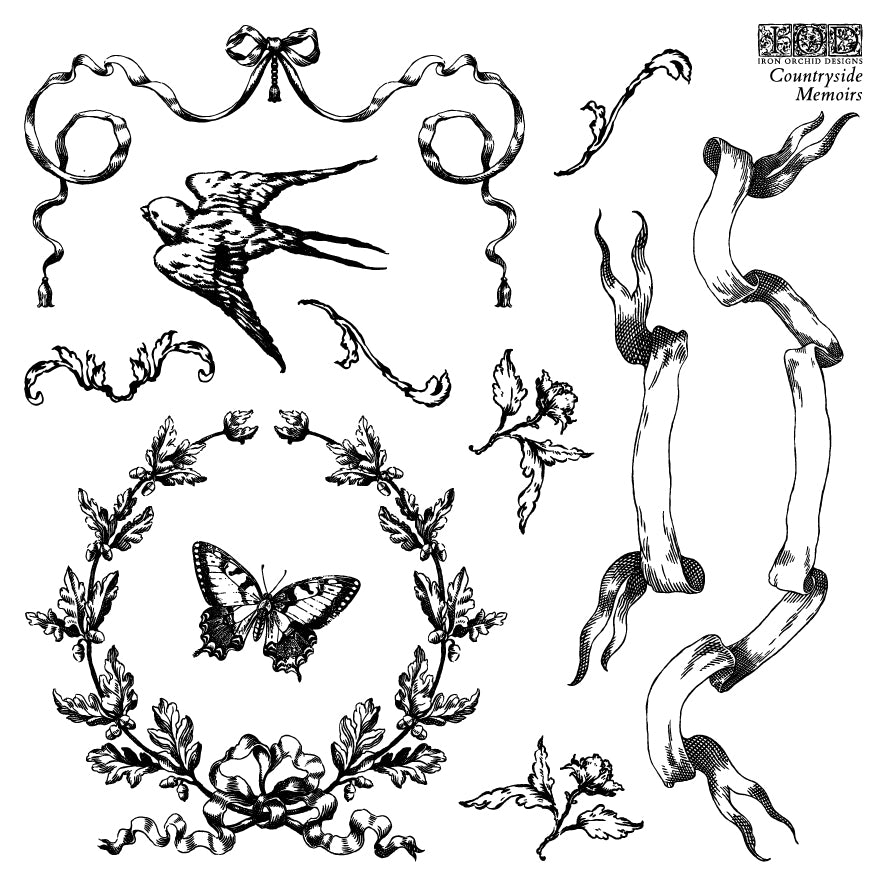 Black on white images of flowers, bows and birds from Iron Orchid Designs Countryside Memoirs stamp