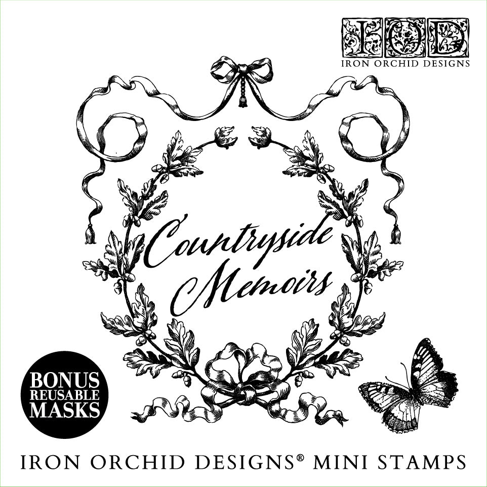 A graphic image showing a floral and filigree design with the text 'Countryside Memoirs' and the Iron Orchid Designs logo, indicating a mini stamp set product.