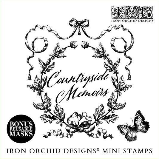 A graphic image showing a floral and filigree design with the text 'Countryside Memoirs' and the Iron Orchid Designs logo, indicating a mini stamp set product.