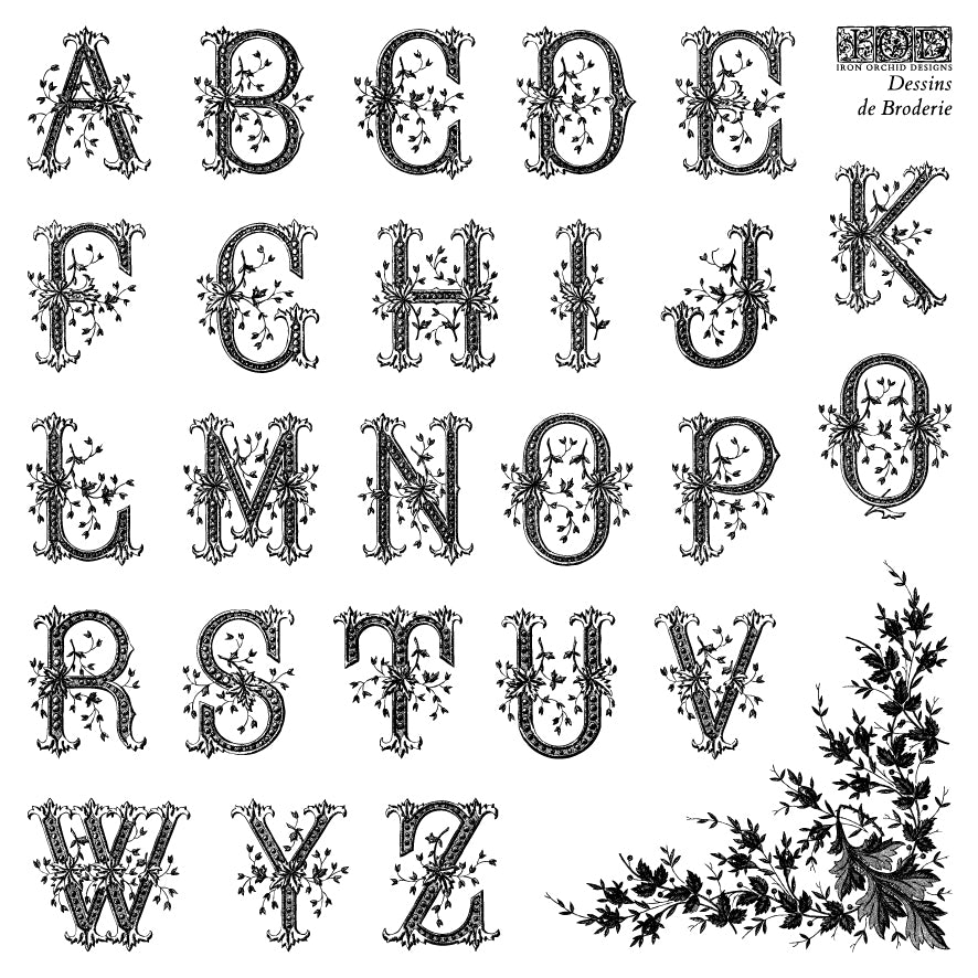 Decorative alphabet letters from A to Z with intricate designs on a white background from Iron Orchid Designs Dessins de Broderie stamps