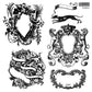 Collection of ornate black and white emblems and frames on a white background