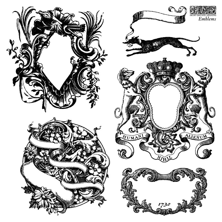 Collection of ornate black and white emblems and frames on a white background