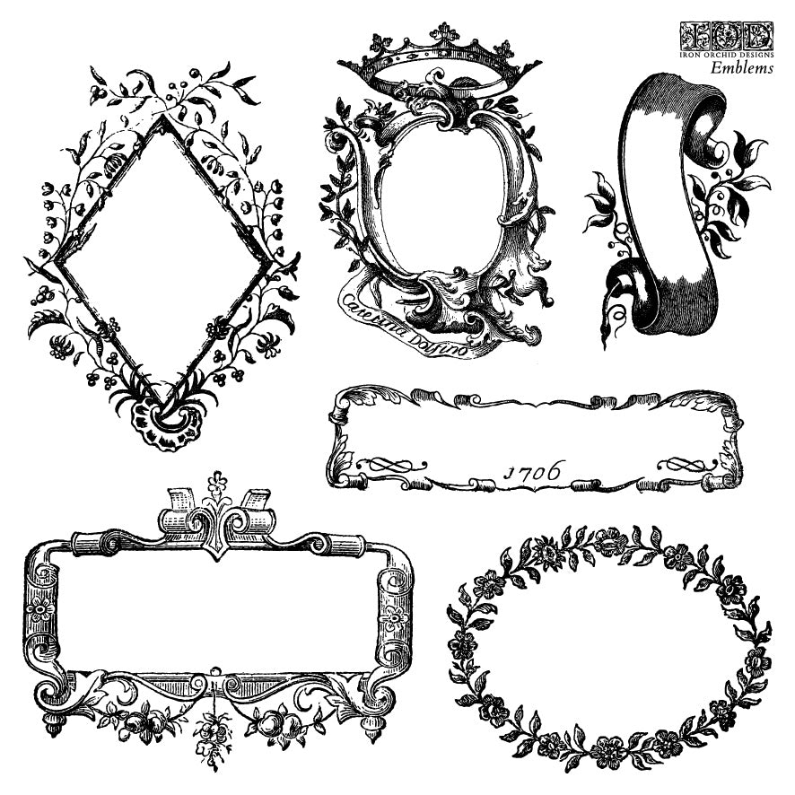 Set of decorative frames and emblems in black and white on a white background