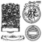 Decorative black and white emblems with floral designs and cherubic figures.