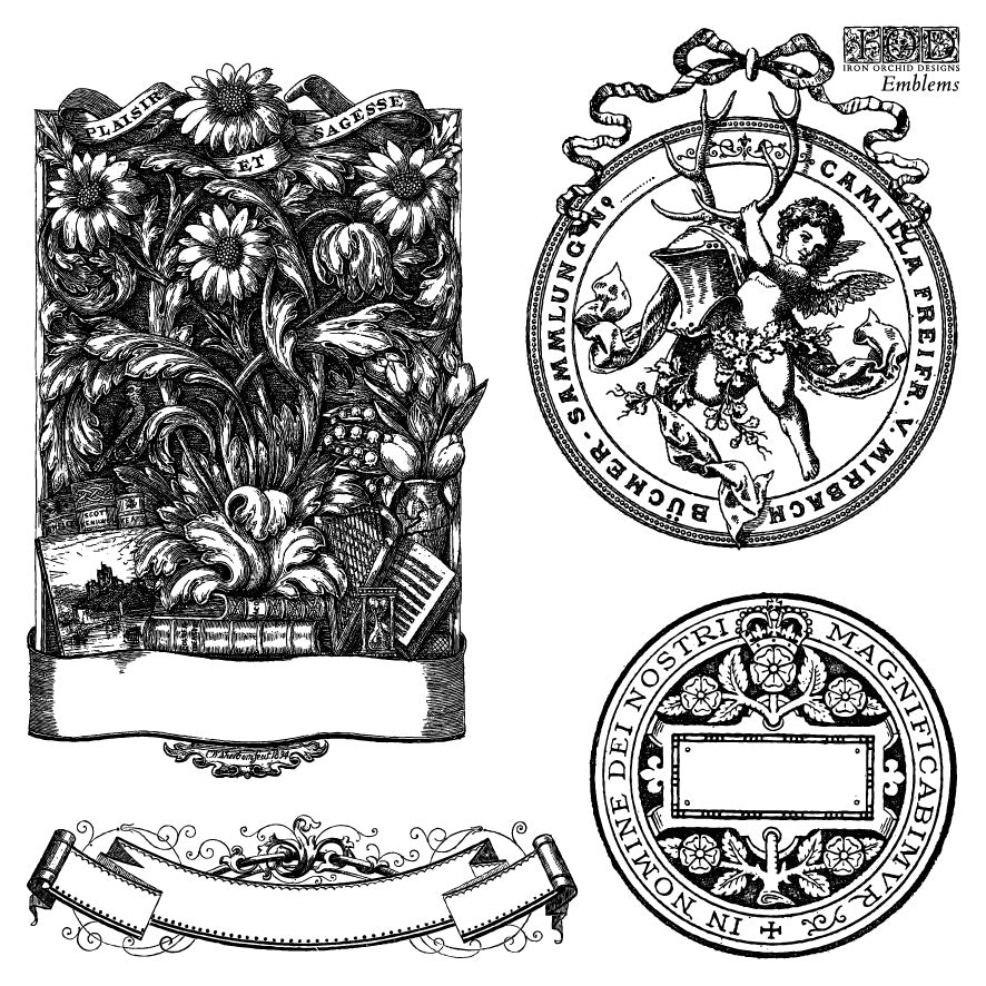 Decorative black and white emblems with floral designs and cherubic figures.