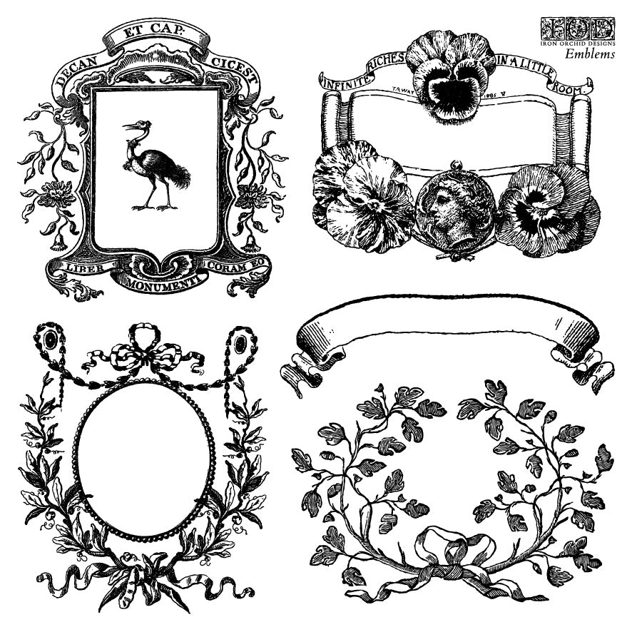 Collection of decorative black and white emblems and frames on a white background
