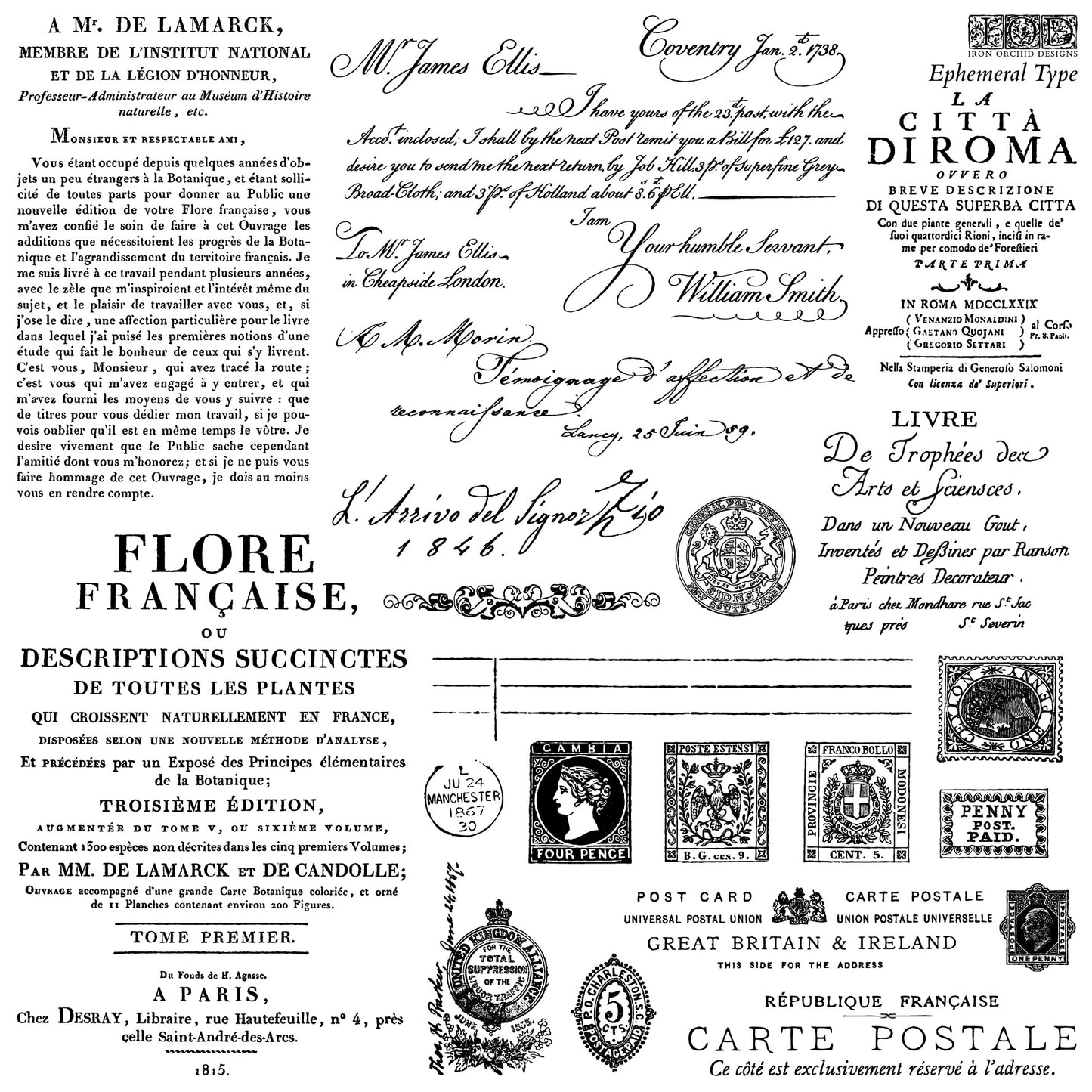 A collection of various typographic designs on a black background, intended for use as a decorative stamp in crafting and scrapbooking from Iron Orchid Designs
