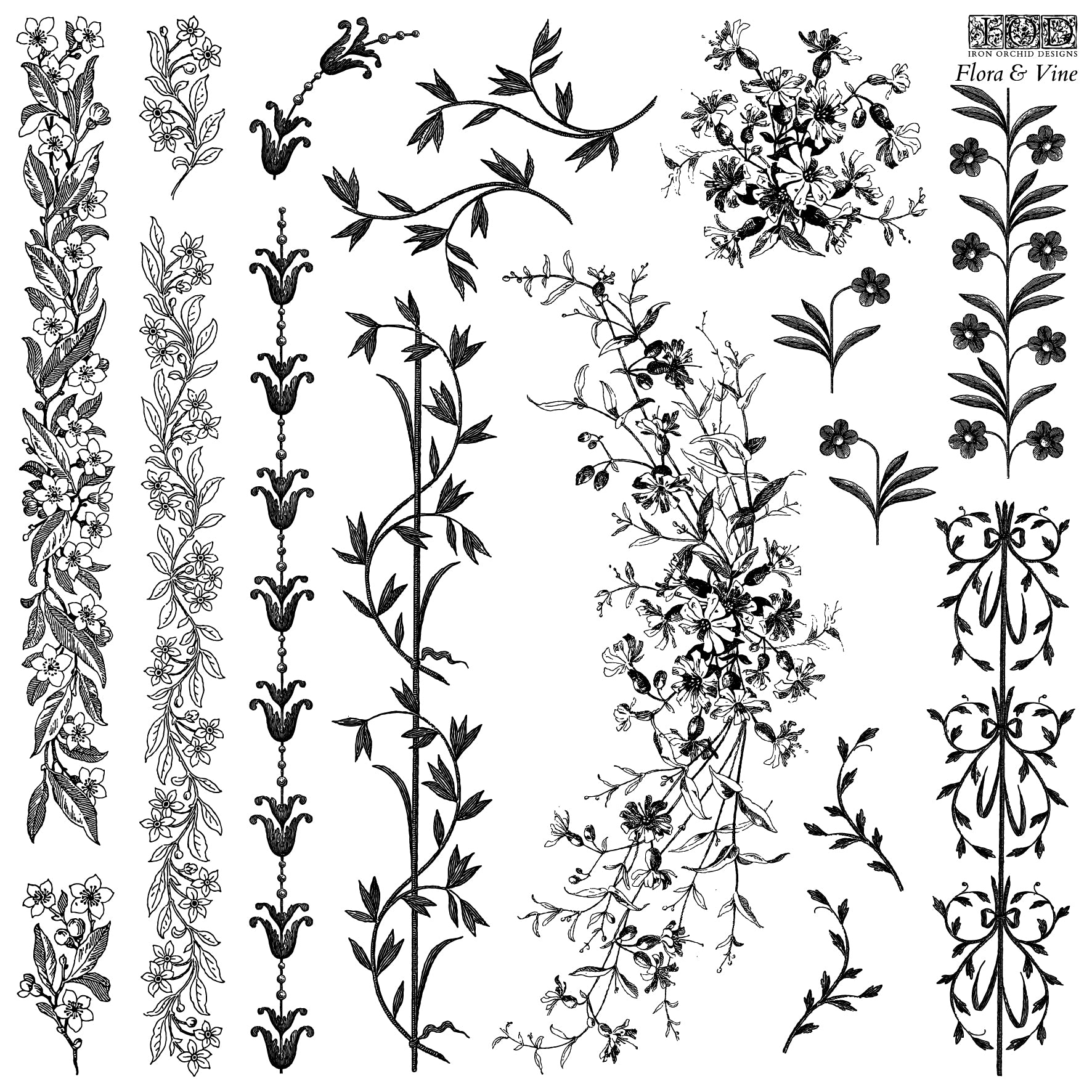 A collection of black and white floral and vine patterns for decor stamping, with intricate designs suitable for crafting and decorating from Iron Orchid Designs