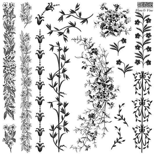 A collection of black and white floral and vine patterns for decor stamping, with intricate designs suitable for crafting and decorating from Iron Orchid Designs