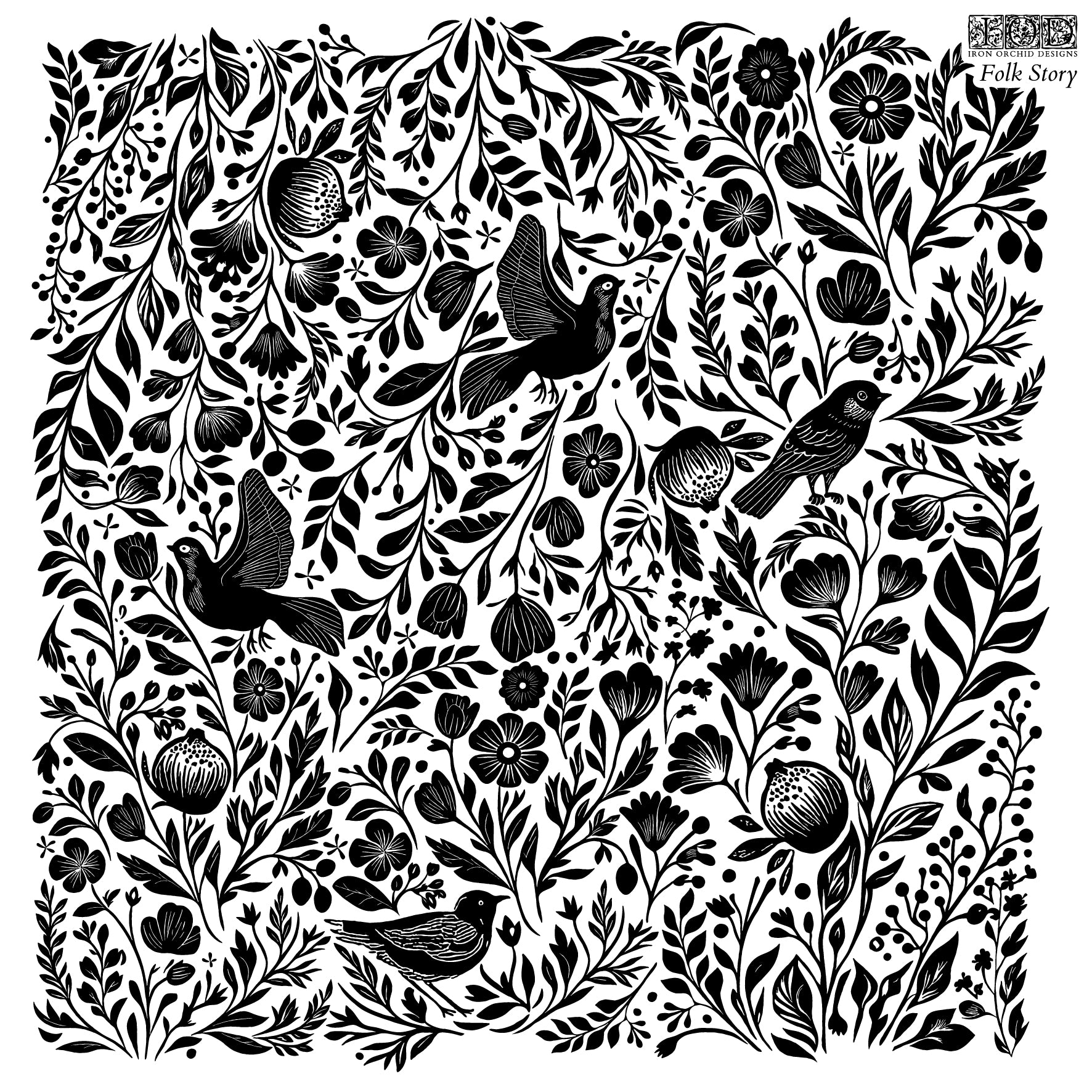 A black and white image of a decorative stamp design named Folk Story by Iron Orchid Designs, featuring birds, foliage, and blossoms.