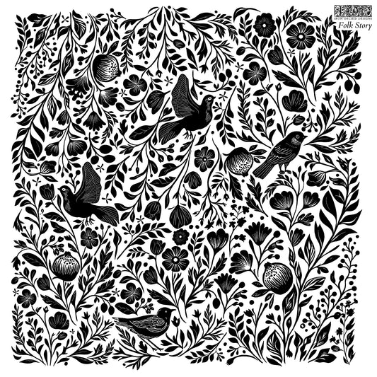 A black and white image of a decorative stamp design named Folk Story by Iron Orchid Designs, featuring birds, foliage, and blossoms.