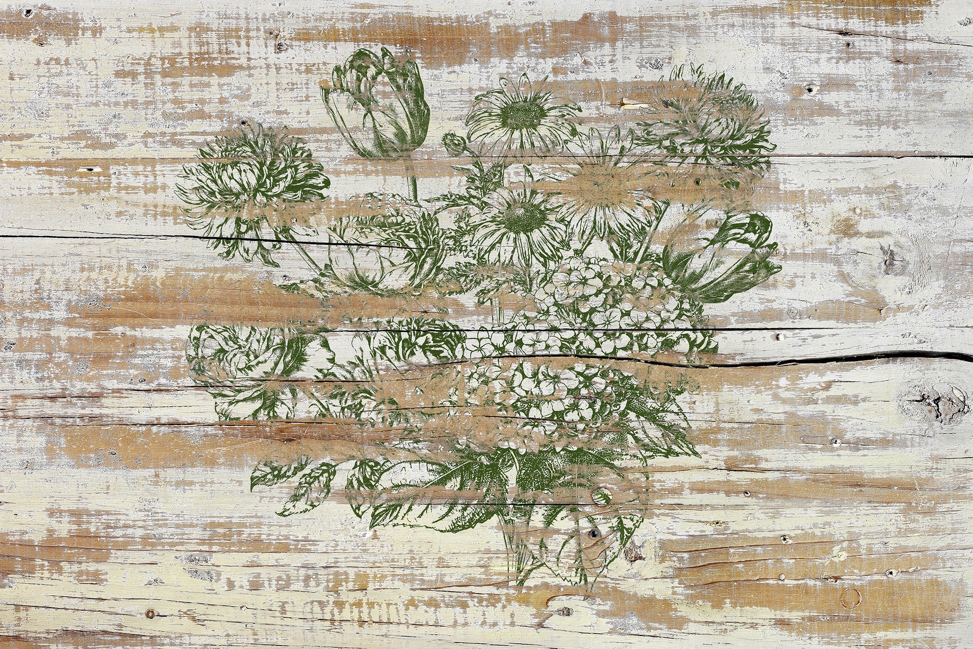 A stamped image of a floral bouquet using green ink and iron Orchid Designs Garden Bouquet Stamp. The image has been distressed and stamped onto a white planked background