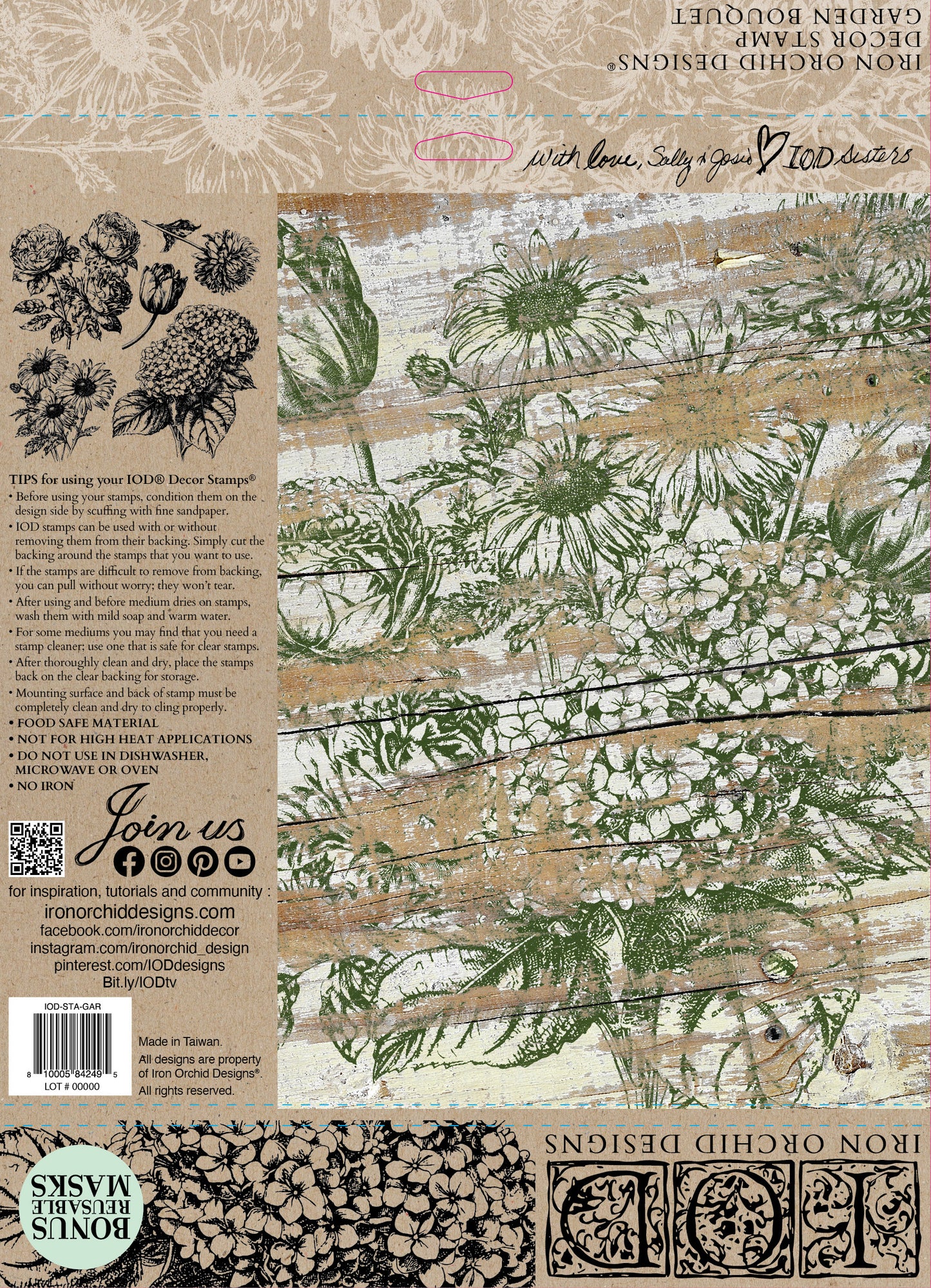 A cardboard background with instructions for how to use Iron Orchid Designs stamps next to an image of the floral images stamped in green ink on a white background