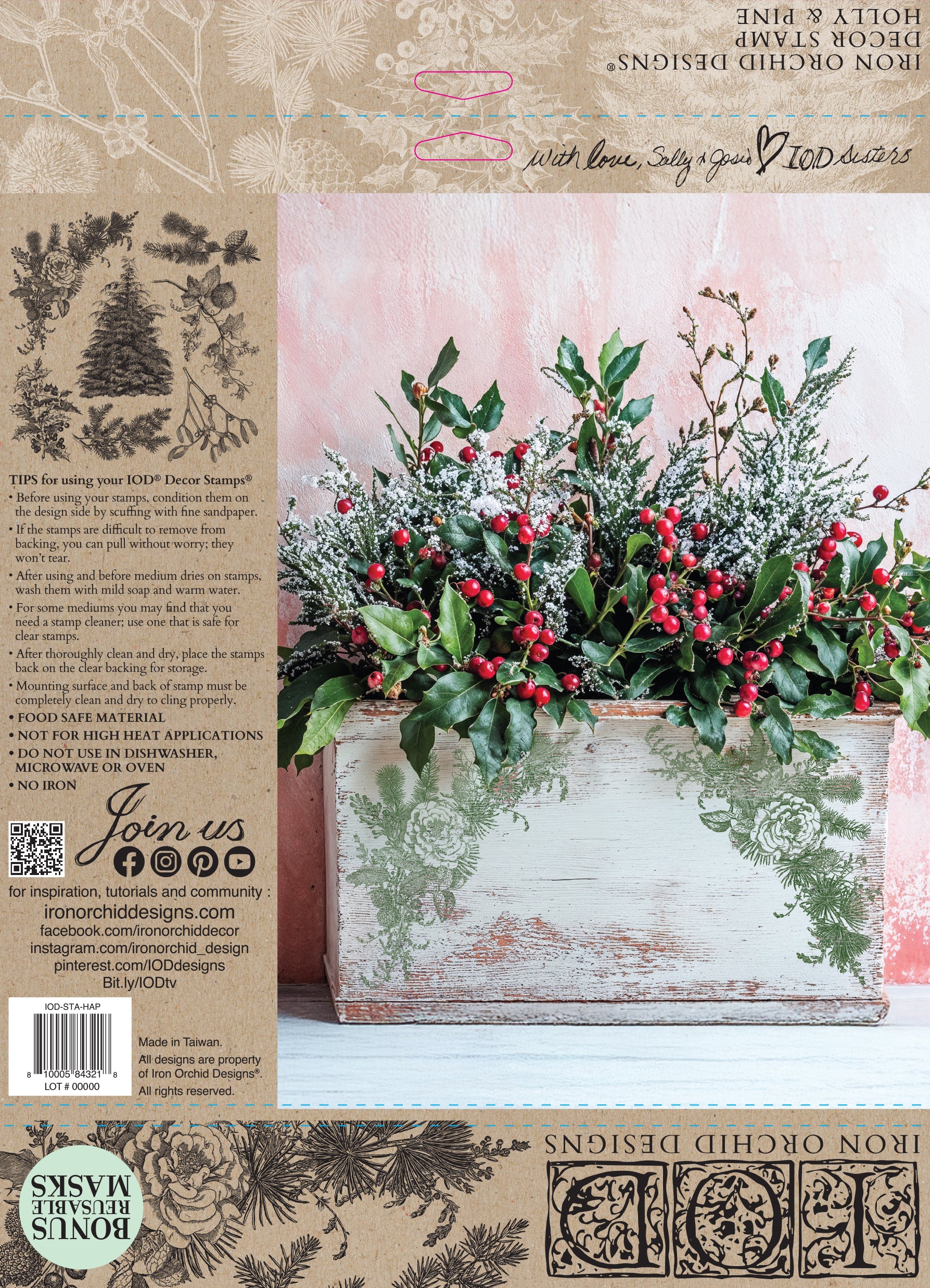 Decorative stamped floral arrangement image next to instructions for stamp use from Iron Orchid designs