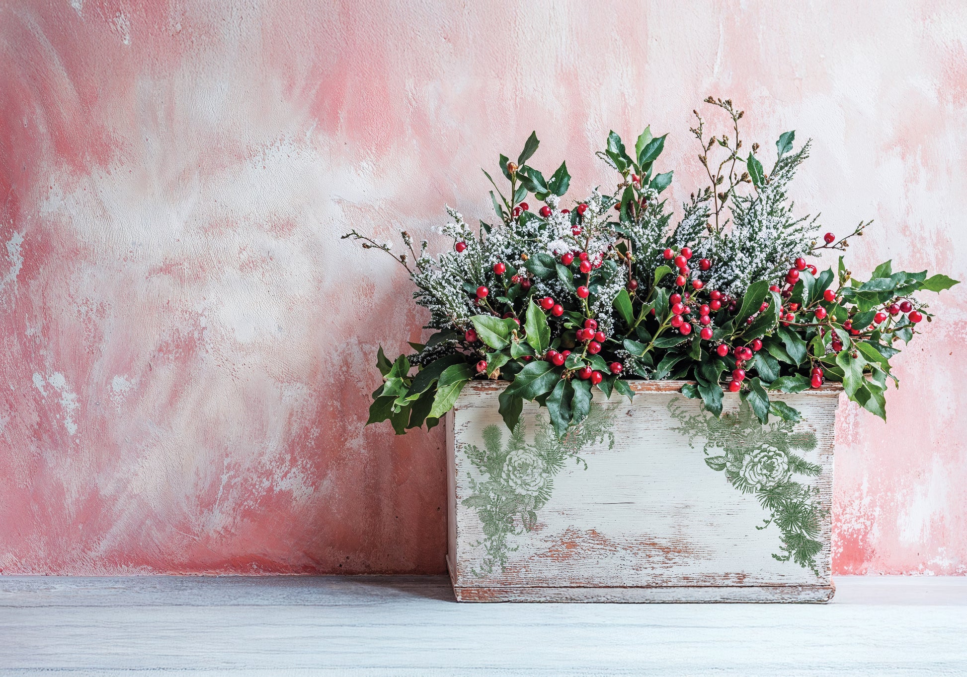 Decorative floral arrangement with red berries in a stamped wooden box against a pink textured background
