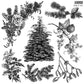 Black and white illustration of holly, pine, and other winter elements stamp on a white background.