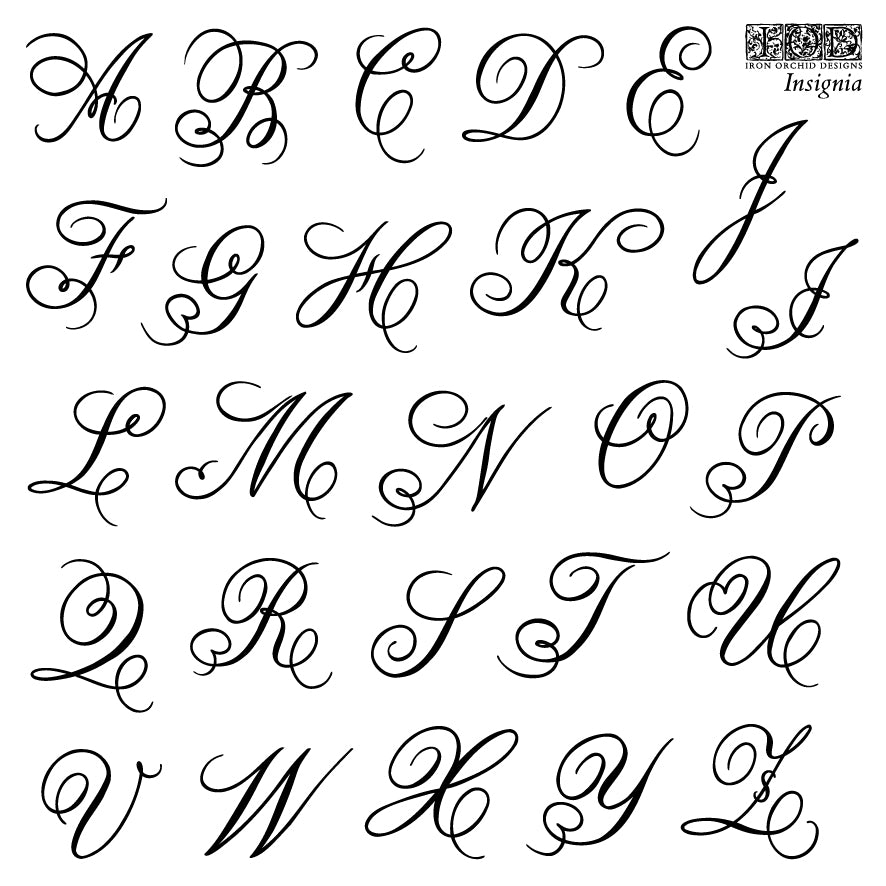 Black on white image showing Curling letters of alphabet from iron Orchid Designs Insignia stamp