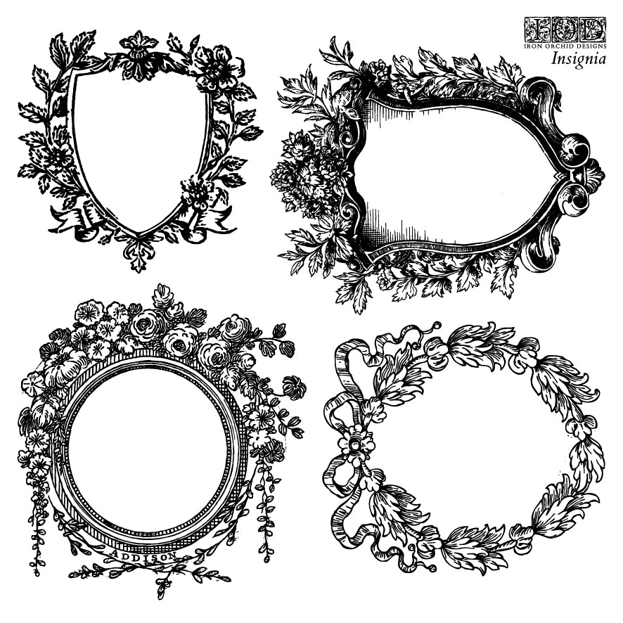 Black on white images showing four floral frames from Iron Orchid Designs Insignia stamp