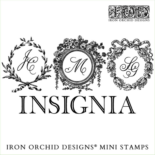 A collection of monogram stamp designs from Iron Orchid Designs' Insignia Mini Stamp Set, featuring floral wreath designs and initials.