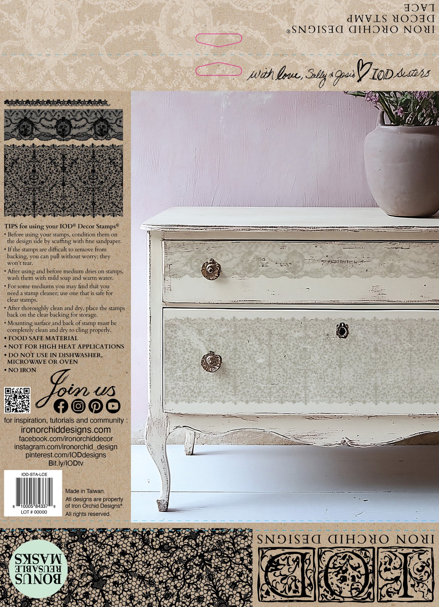 Decorative dresser stamped with Iron Orchid Designs Lace and text on a white background