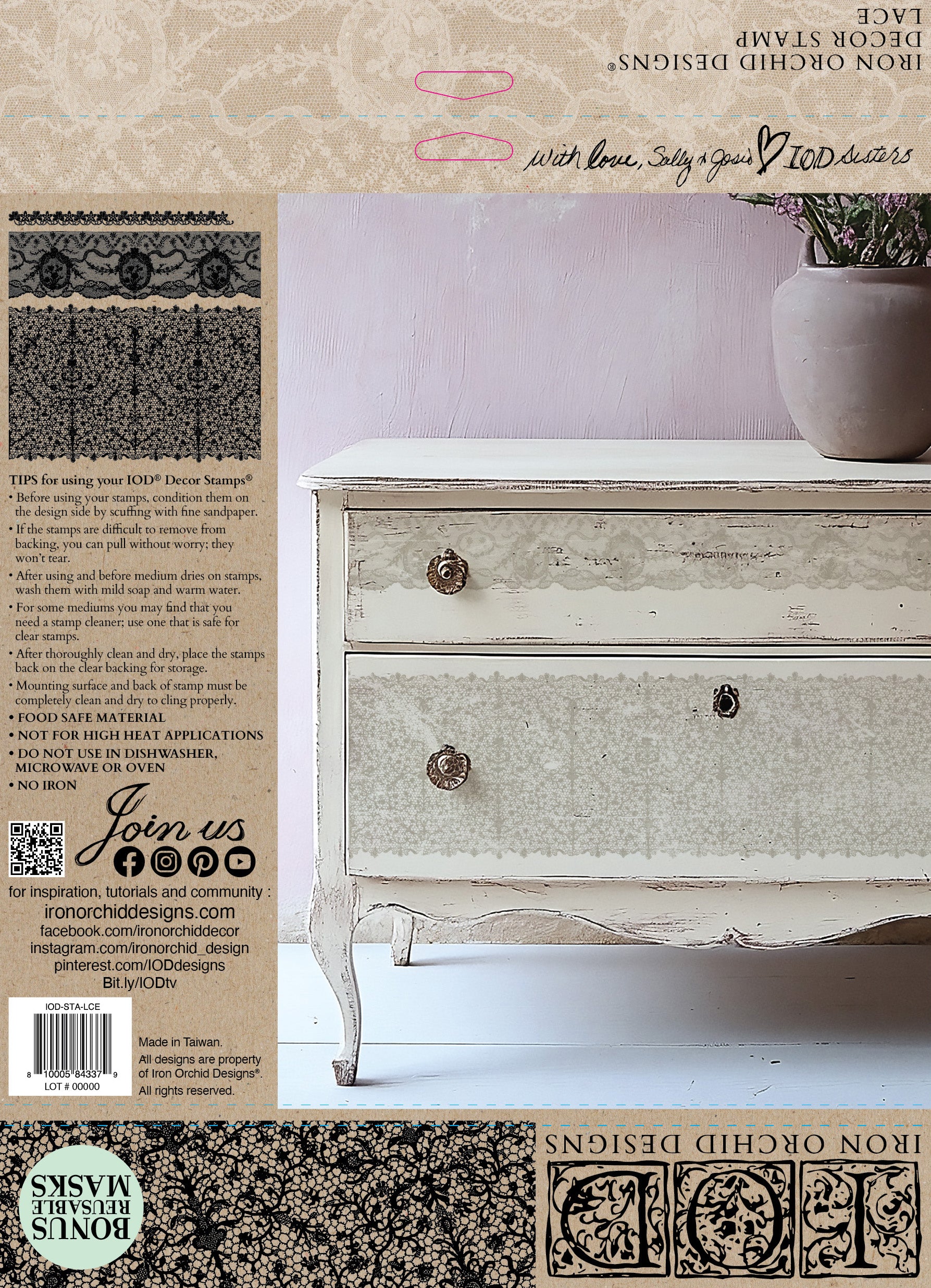 Decorative dresser stamped with Iron Orchid Designs Lace and text on a white background