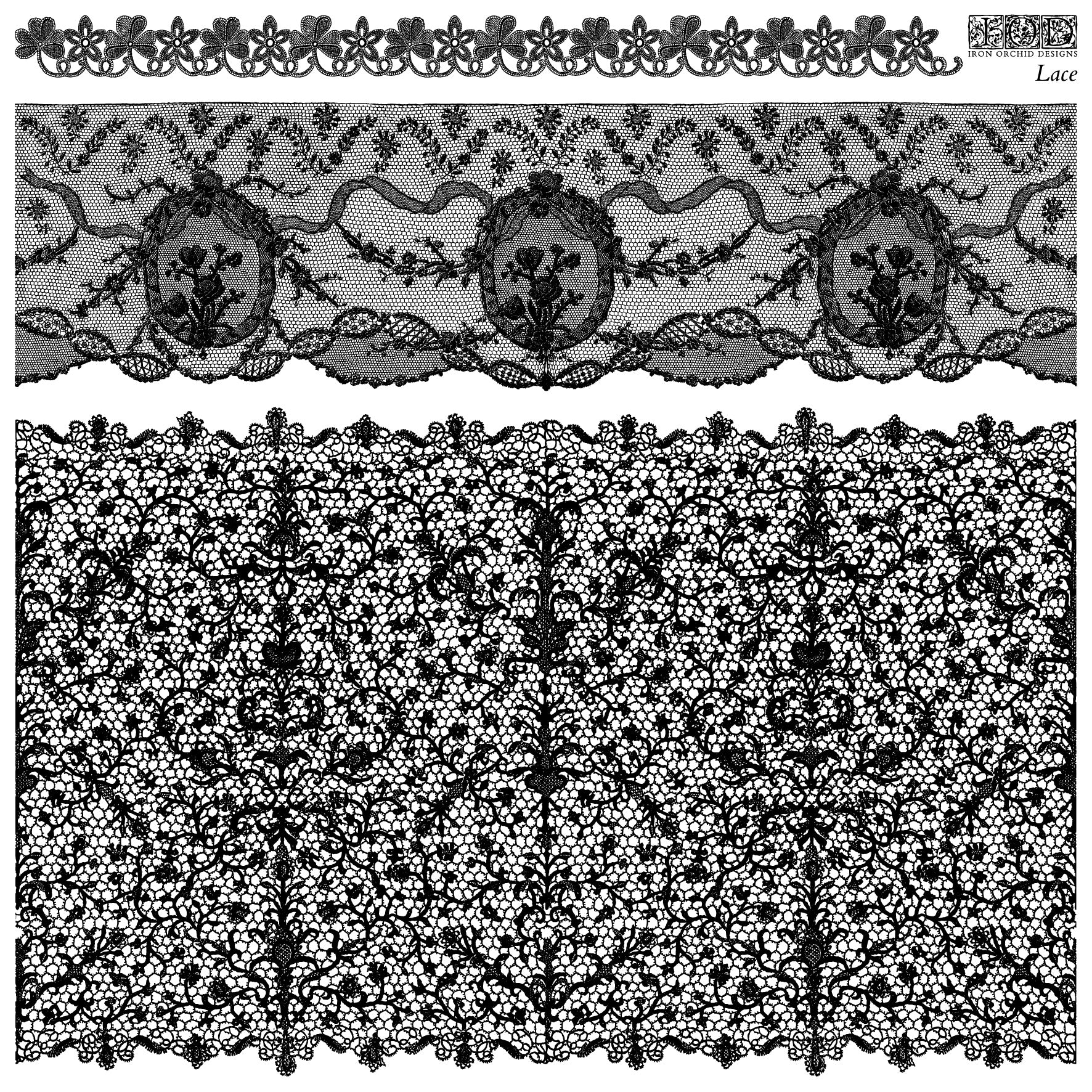 Two different patterns of Iron Orchid Designs Lace stamp taken from a fabric with intricate designs.