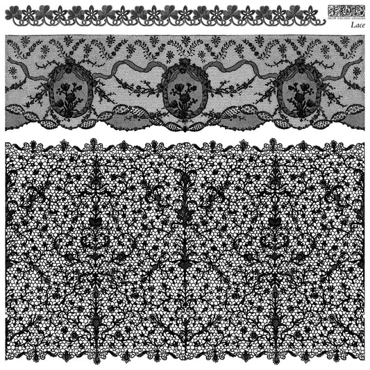 Two different patterns of Iron Orchid Designs Lace stamp taken from a fabric with intricate designs.