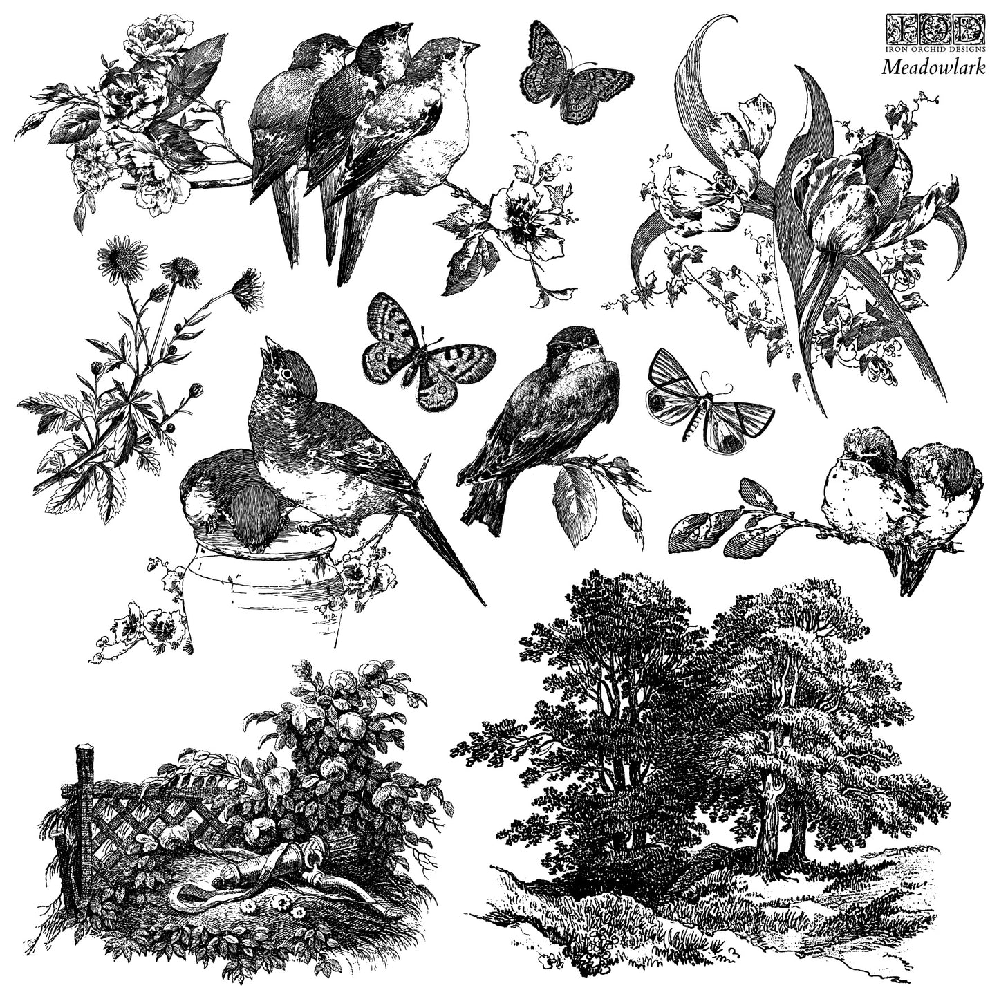 Illustrations of birds, flowers, and trees in black and white on a white background. The stamps are from Iron Orchid Designs Meadowlark stamp