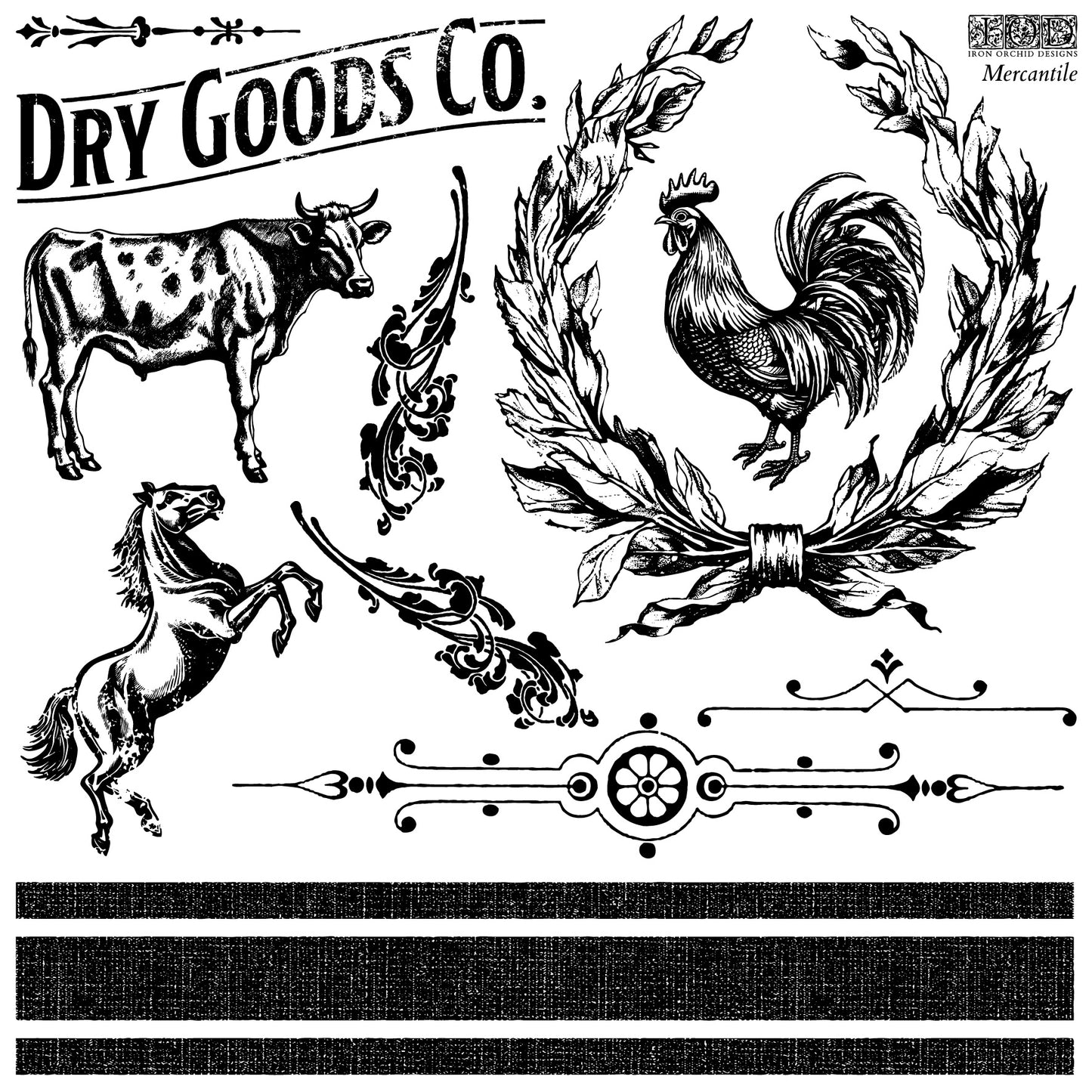 A collection of black on white decorative stamps featuring rustic elements such as a cow, horse, rooster, and various textures and patterns from Iron Orchid Designs